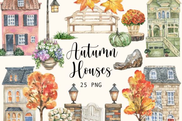 Watercolor Autumn Houses Clipart Graphic