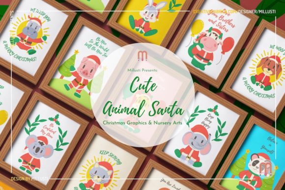 Cute Animal Santa Christmas Nursery Art