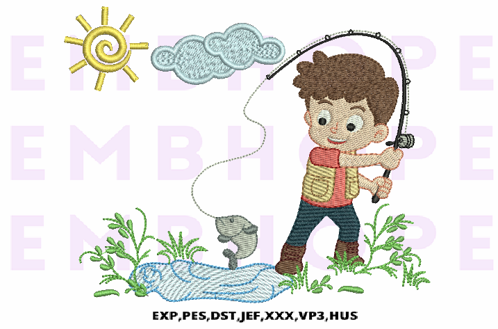 Boy Fishing at Sunrise on the Lake · Creative Fabrica