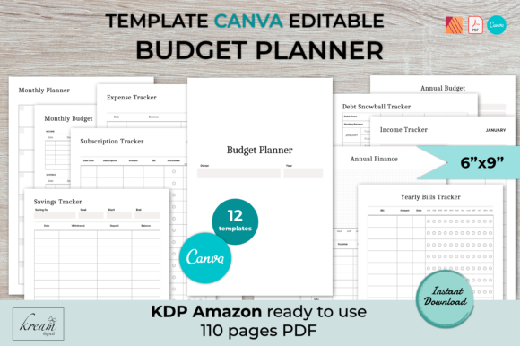 Canva budget planner KDP template with income expenses savings and debt trackers