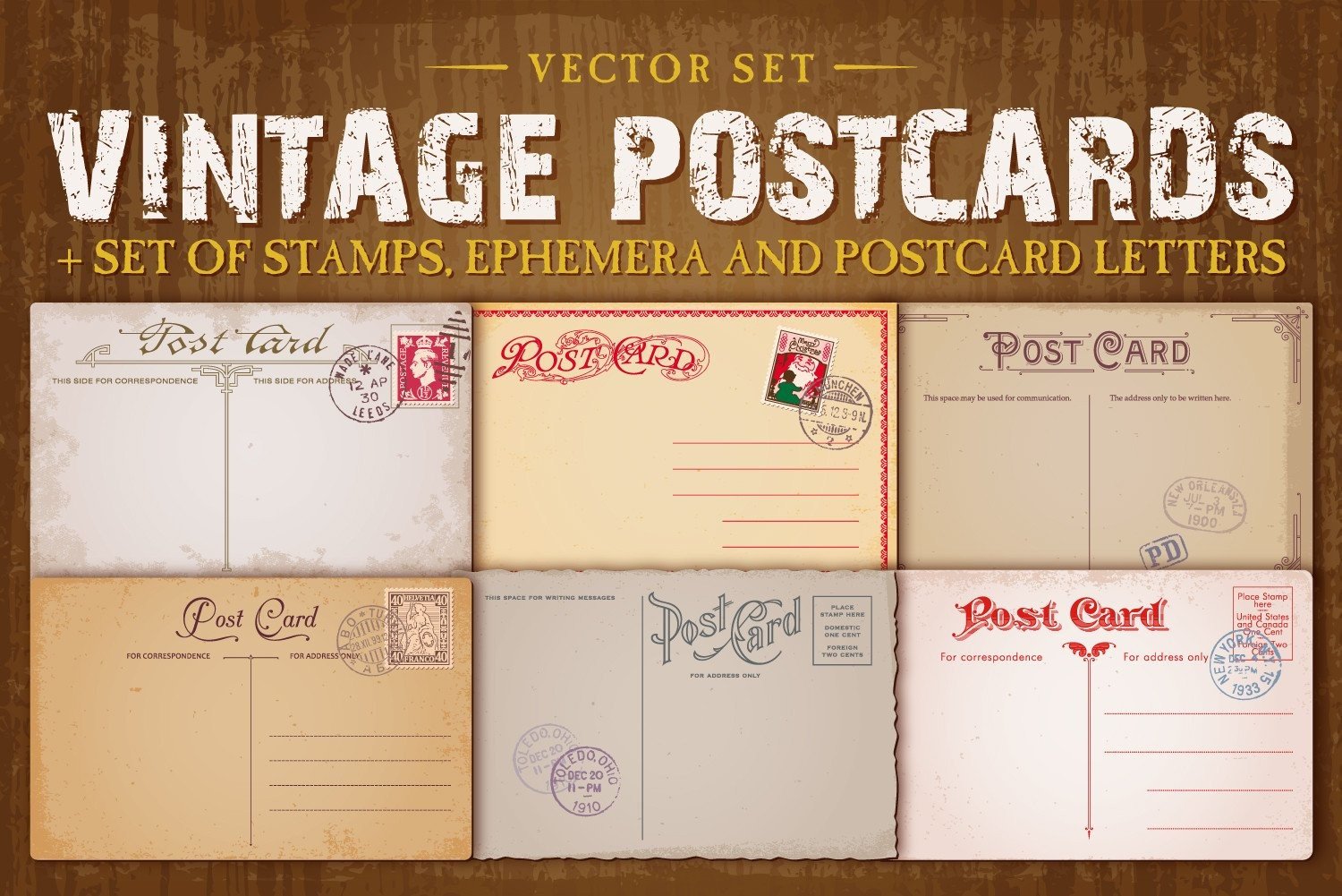 Vintage Vector Postcards and Stamps