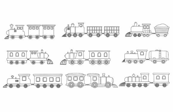 Black Line Doodle Set of Cute Train.