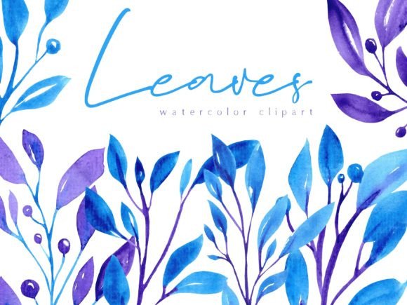 Blue&purple Watercolor Leaves Clipart Graphic Illustrations By Yelloo Fish