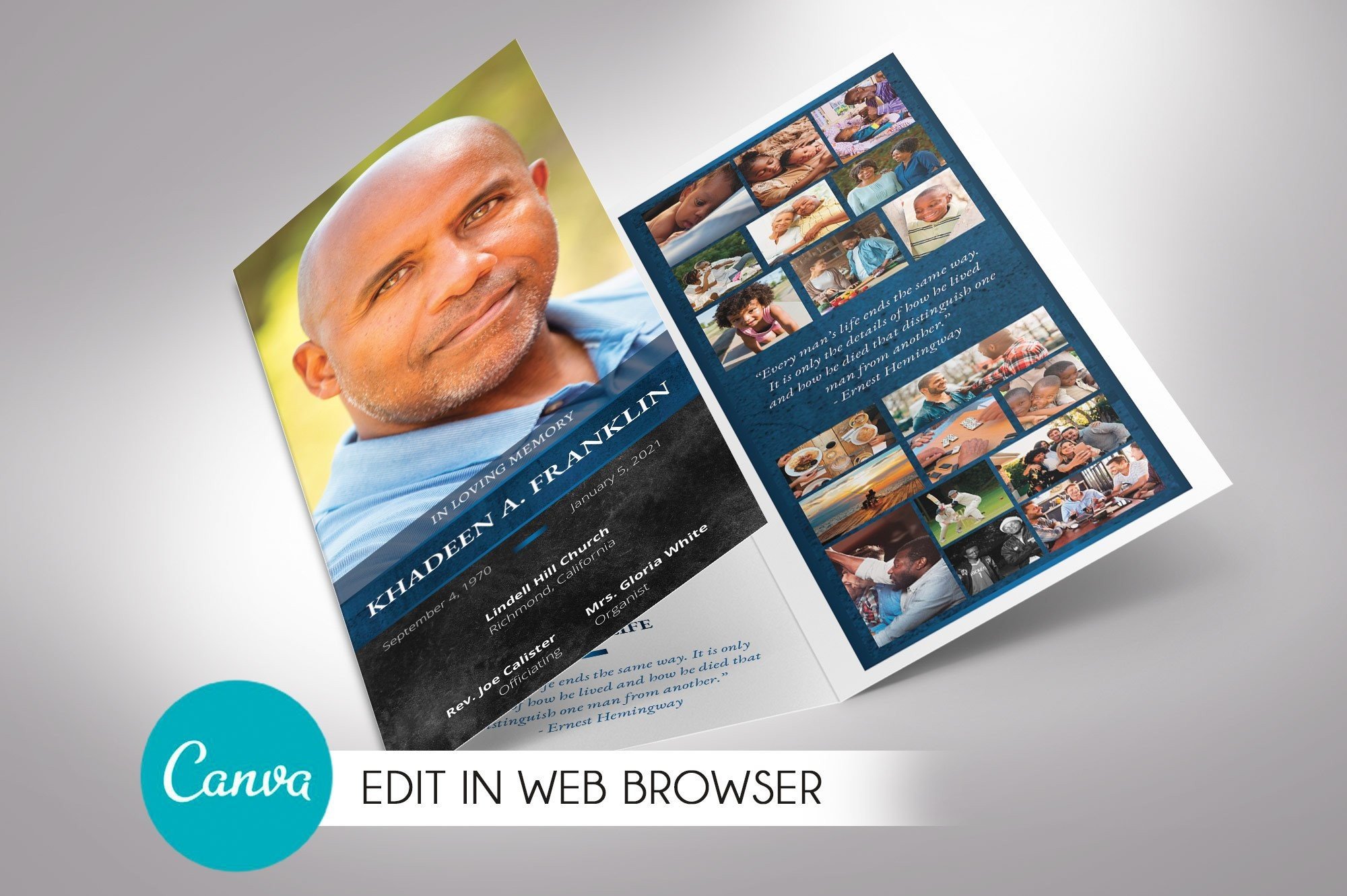 Blue Rock Trifold Funeral Program Canva
