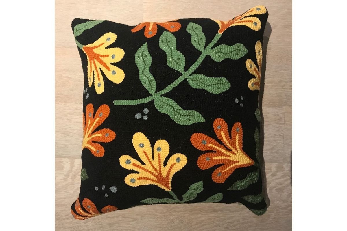 Flowers on Black Punch Needle Pillow