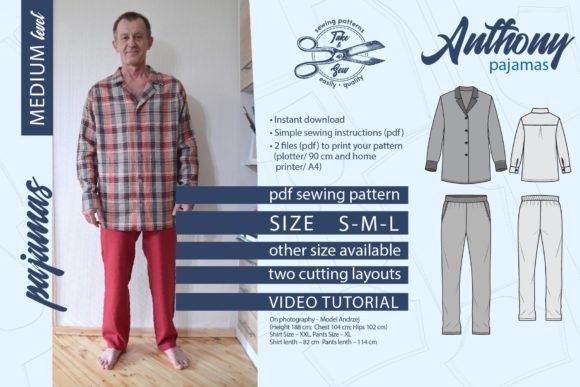 Men Pajamas Pattern Size S M L Anthony