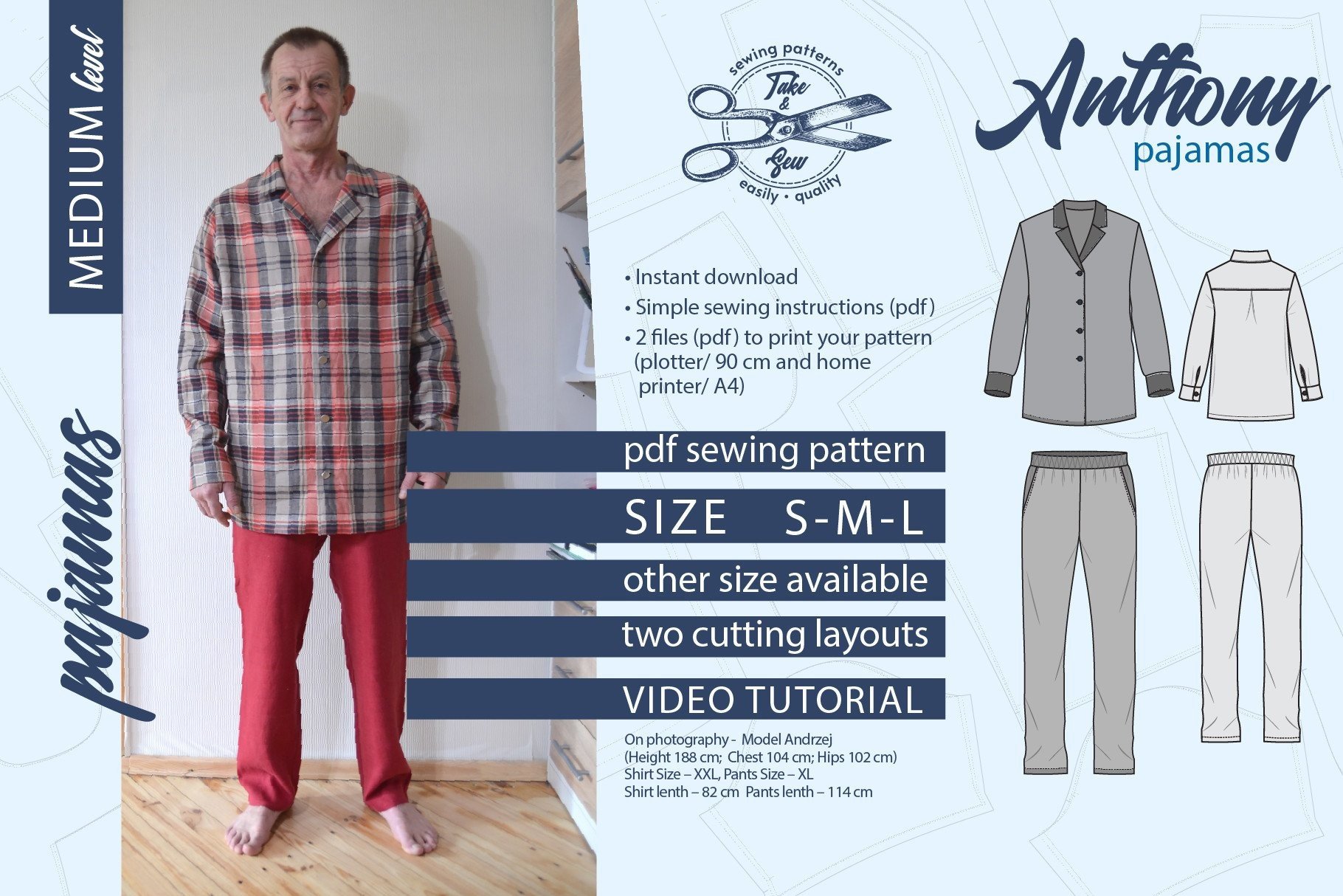 Men Pajamas Pattern Size S M L Anthony