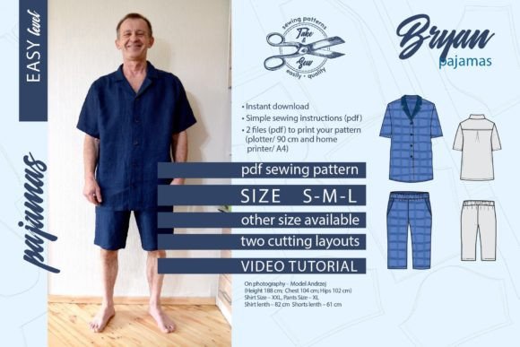Men Pajamas Pattern Size S M L Bryan