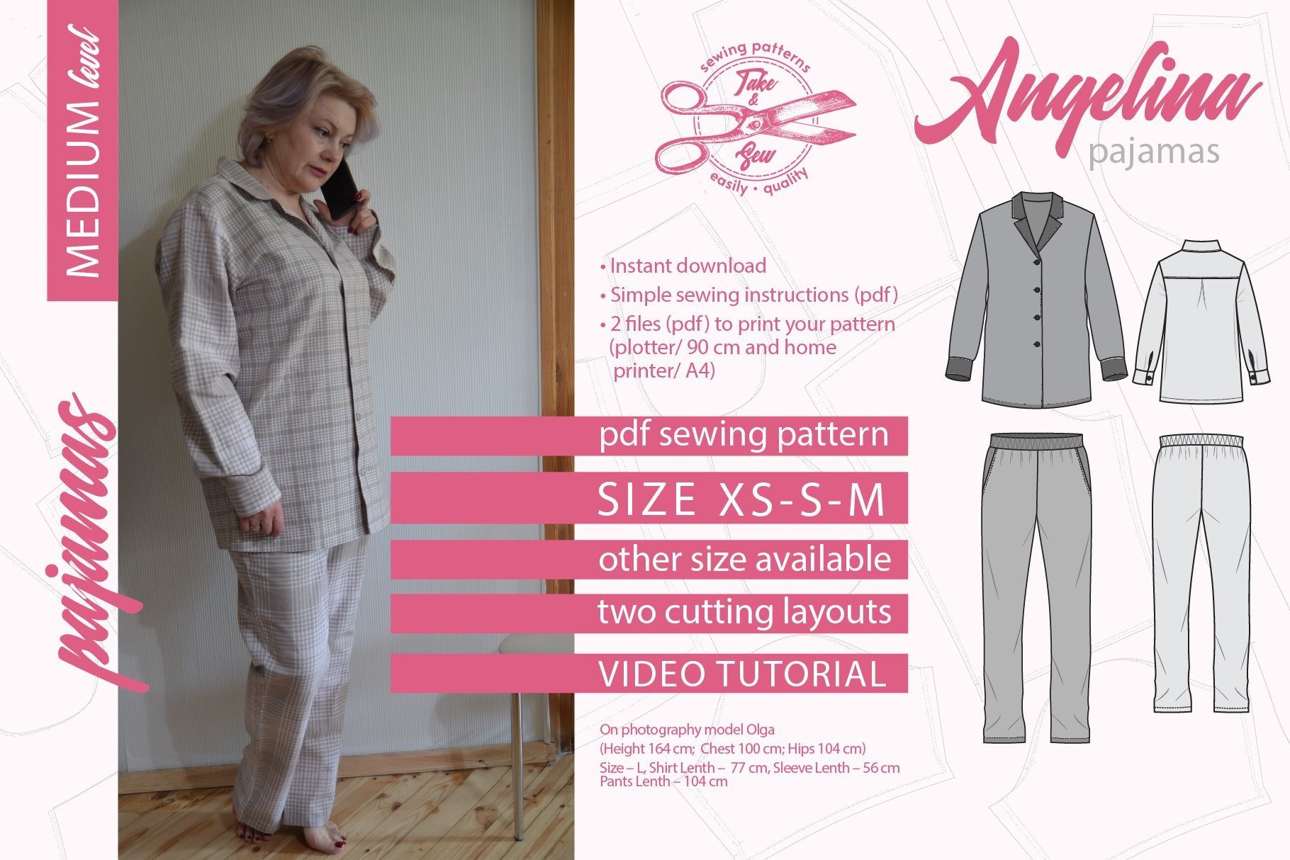 Pajamas Pattern Size XS S M Angelina PDF