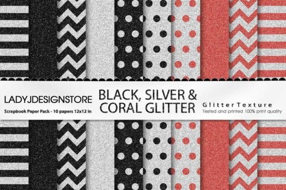 Coral Black Silver Glitter Digital Paper