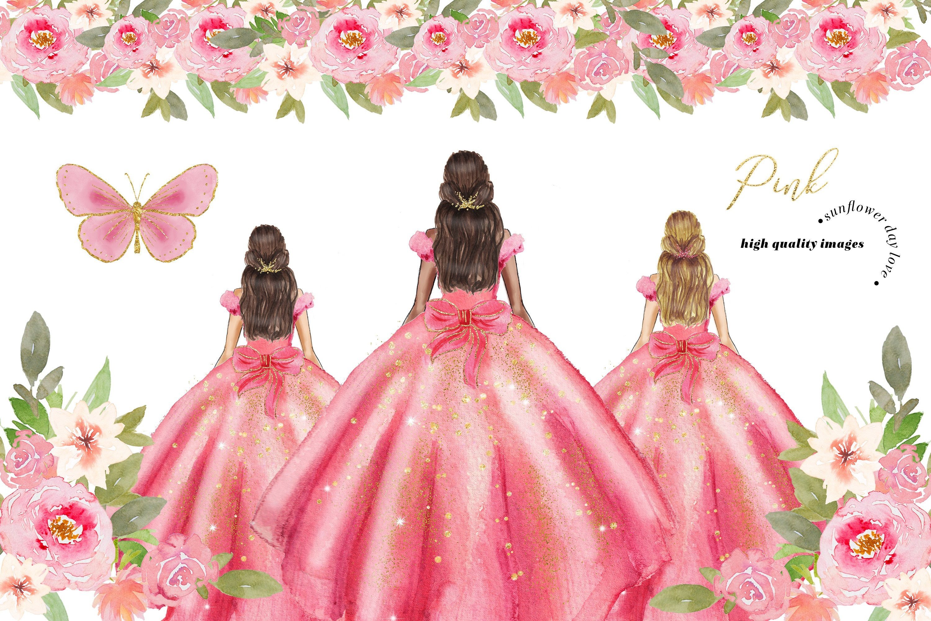 Pink Gold Dresses Quinceaera Clipart Graphic by SunflowerLove  Creative  Fabrica
