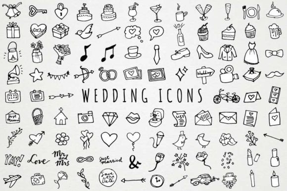 B&W Wedding Icons Hand Drawn Clipart