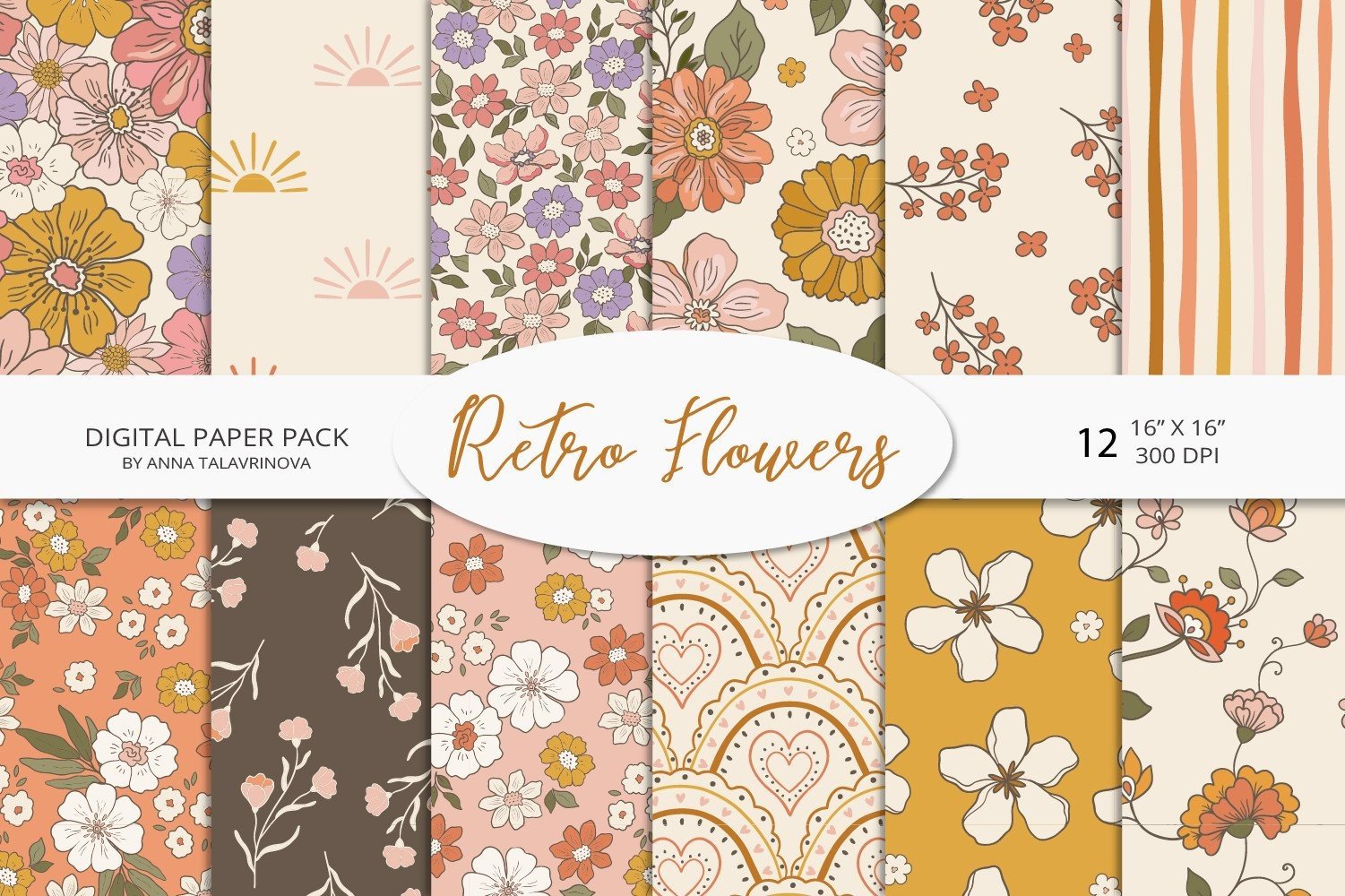 Retro Flowers Groovy Digital Paper Vol.1 Graphic by Anna Talavrinova ...