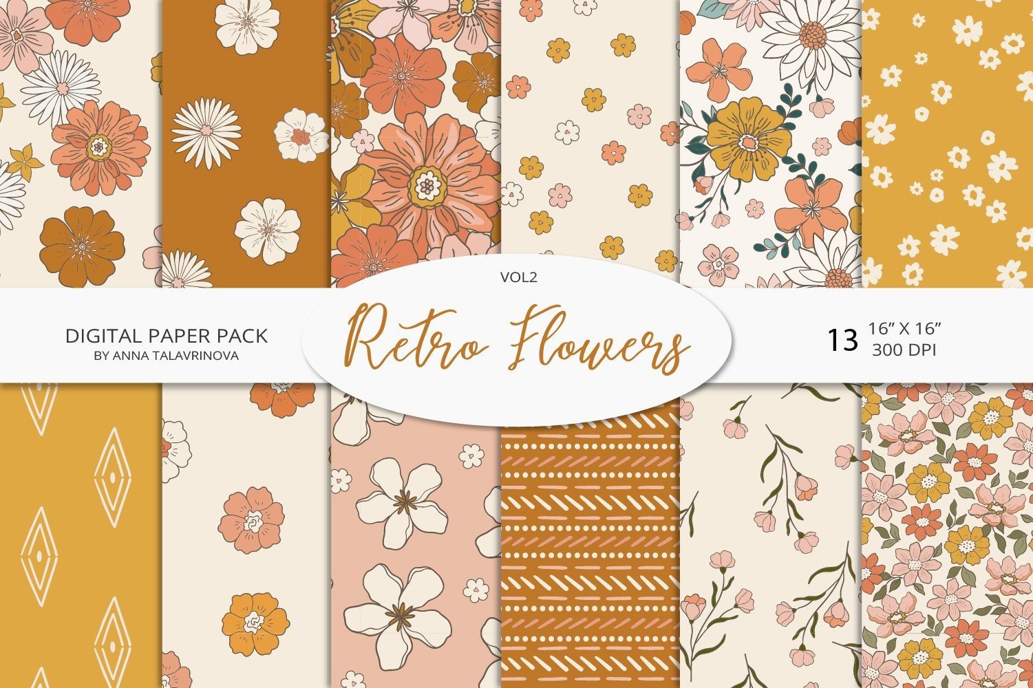 Retro Flowers Groovy Digital Paper Vol.2 Graphic by Anna Talavrinova ...