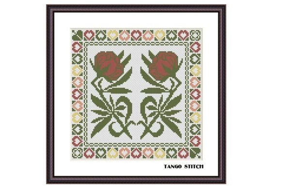 Red Art Nouveau Flower Cross Stitch