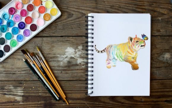 Watercolor Tiger Playing with Butterfly