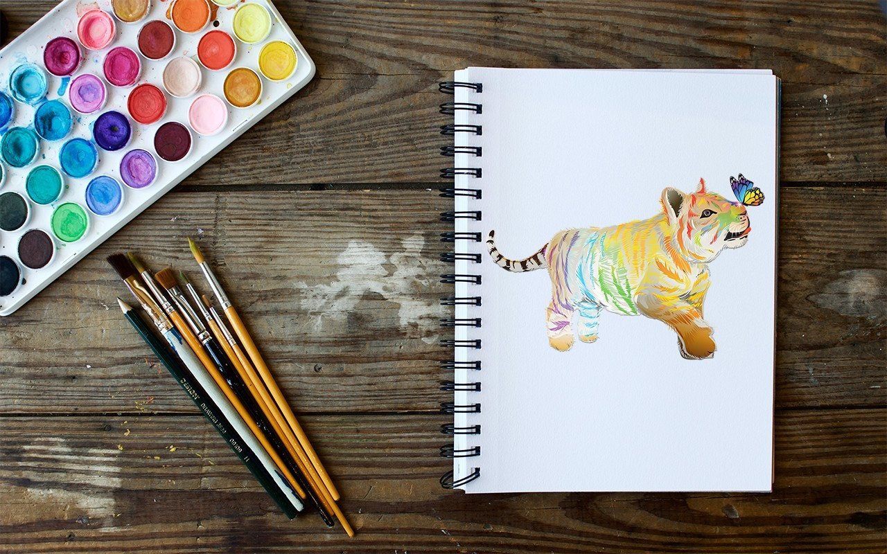 Watercolor Tiger Playing with Butterfly