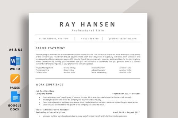 ATS Resume Template, Word Pages Docs