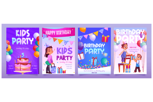 Kids birthday party invitation banners in a set of colorful designs