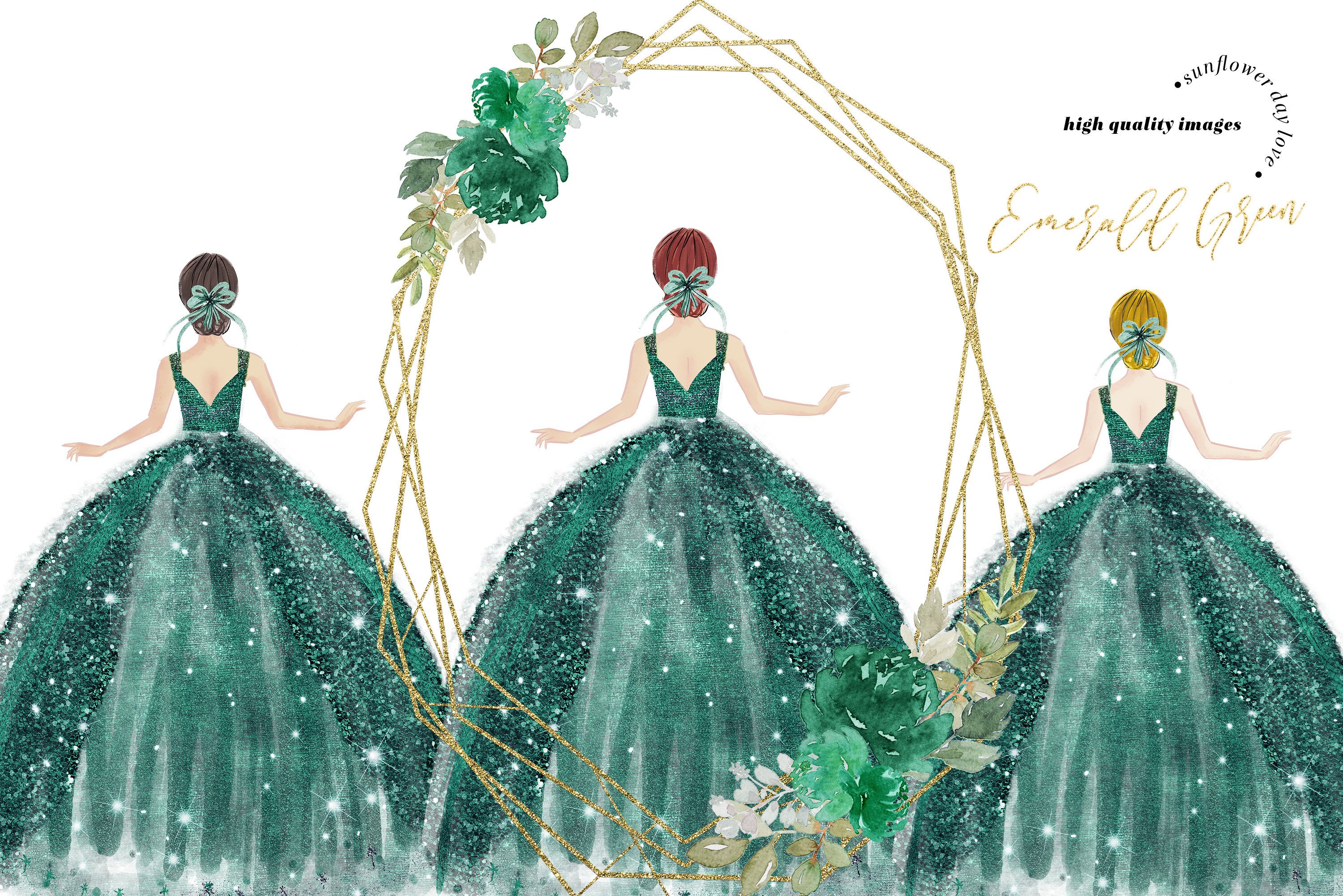 emerald green princess dress clipart Hunter Green Princess Dress Clipart, Green Flowers Watercolor Clipart,  Emerald Quinceaera Verde Clipart, Mexican Wedding Dressses, CA154