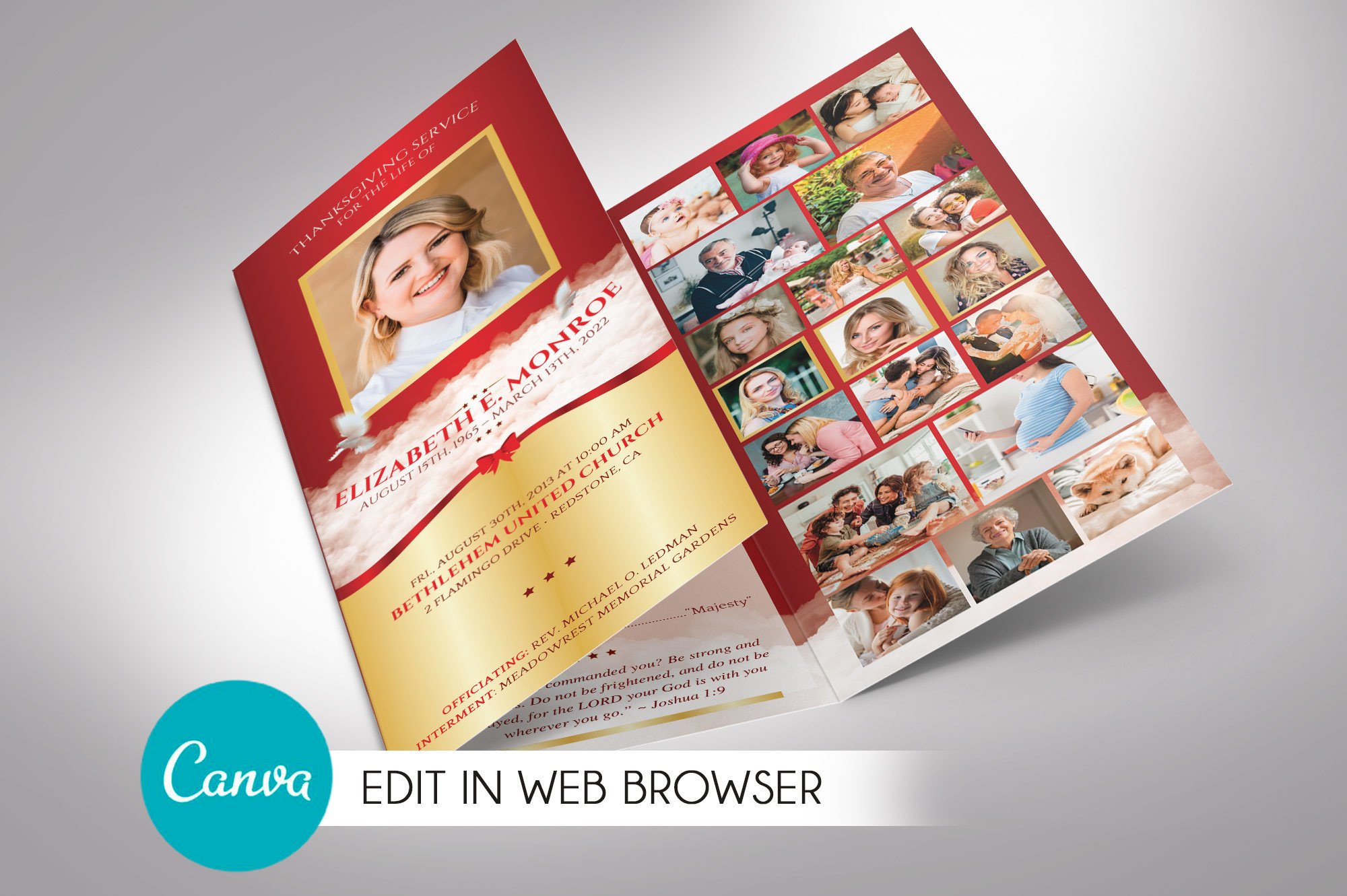 Red Ribbon Trifold Funeral Program Canva