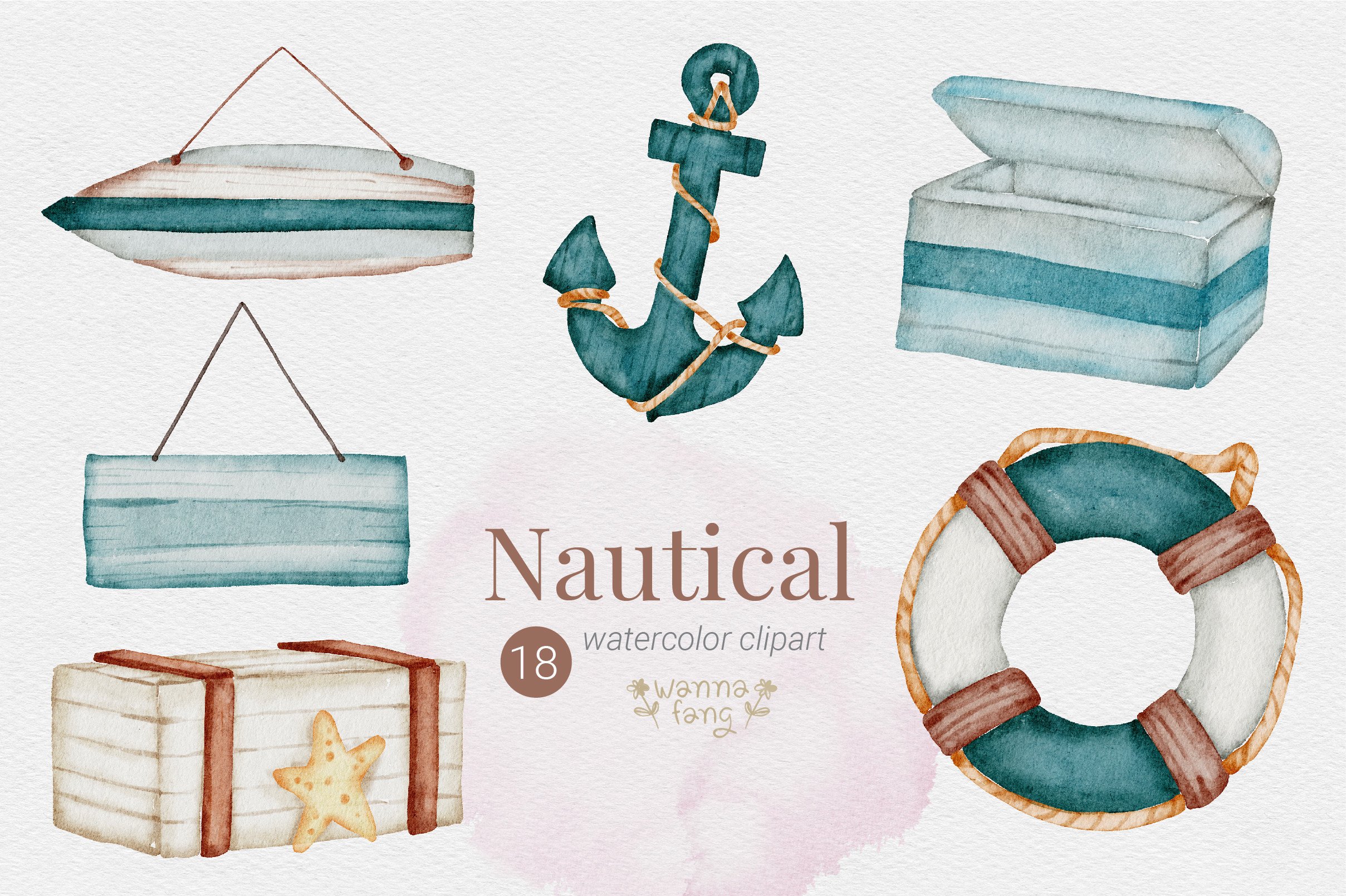 Nautical Watercolor Summer Clipart, PNG - photo 2