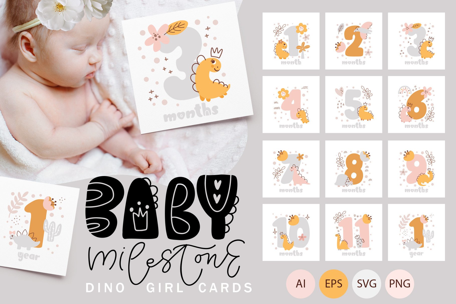 Baby Milestone Dino Girl Cards