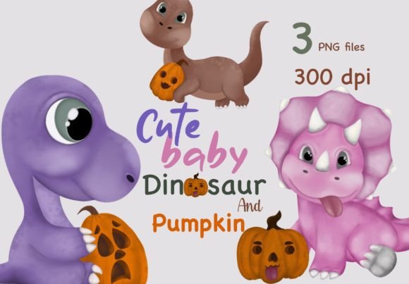 Cute Baby Dinosaur and Pumpkin Clipart Graphic Illustrations By KisbyArt