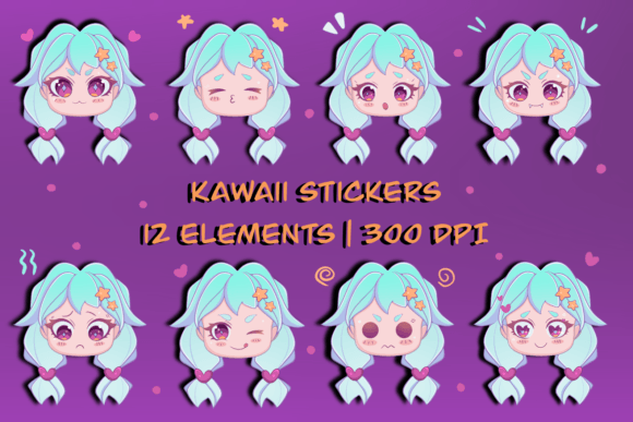 Kawaii Girls Sticker Pack Grafika Ilustracje do Druku Przez Ailirel Design