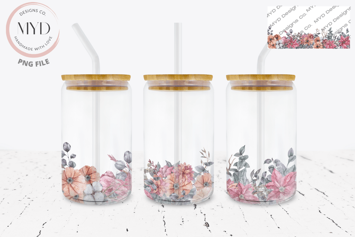 Glass Can 16oz Florals Sublimation Wrap Graphic by MYD Designs Co ...