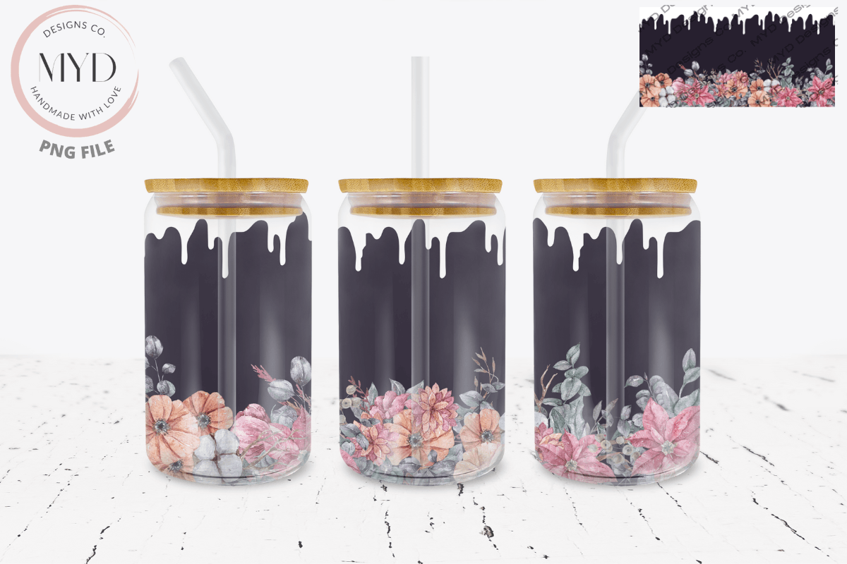 Glass Can 16oz Flowers Sublimation Wrap Graphic by MYD Designs Co ...
