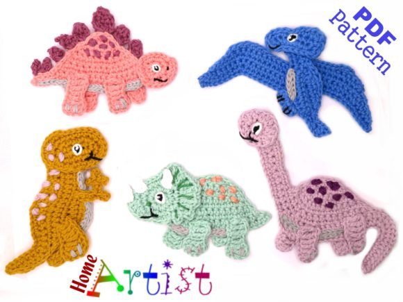 5 Dino Crochet Pattern Applique
