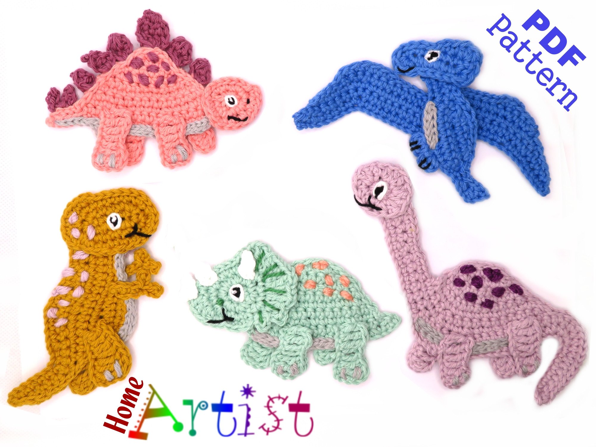 5 Dino Crochet Pattern Applique