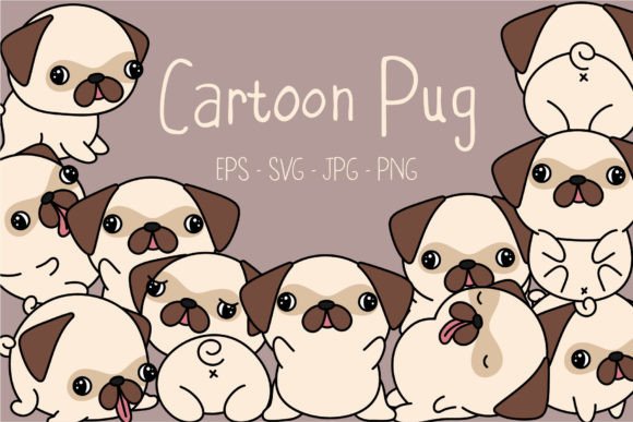 Set of Cute Pugs Kawaii Dogs Clipart for Cricut kids shirts tote bags gift tags