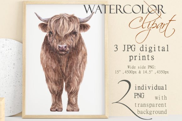 Watercolor Highland Cow. Cattle Print. Graphic Illustrations By InnaKoteShop