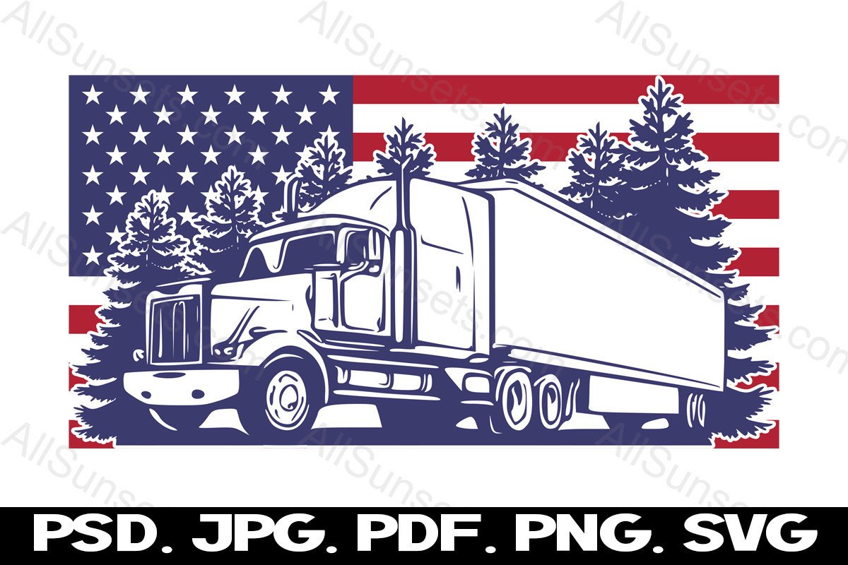 Semi Truck Forest American Flag Svg Png