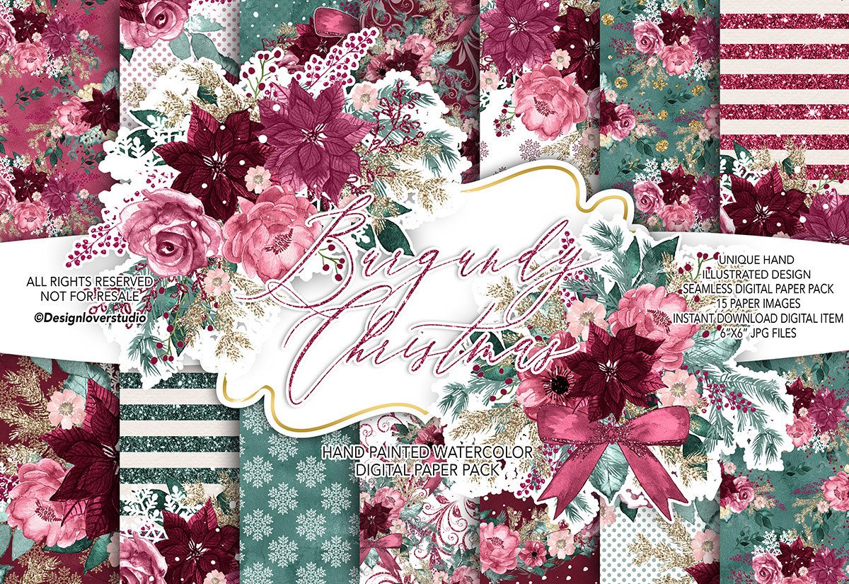 Burgundy Christmas Digital Paper Pack