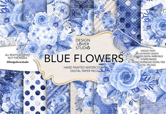 Watercolor BLUE FLOWERS Digital Papers Gráfico Padrões de Papel Por designloverstudio