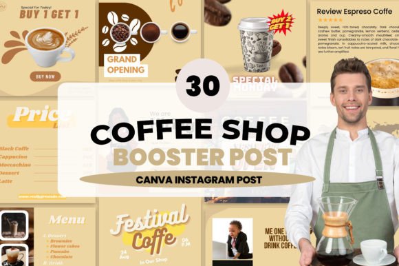 Preview of 30 Post Coffe Instagram Canva Template coffee shop social media template