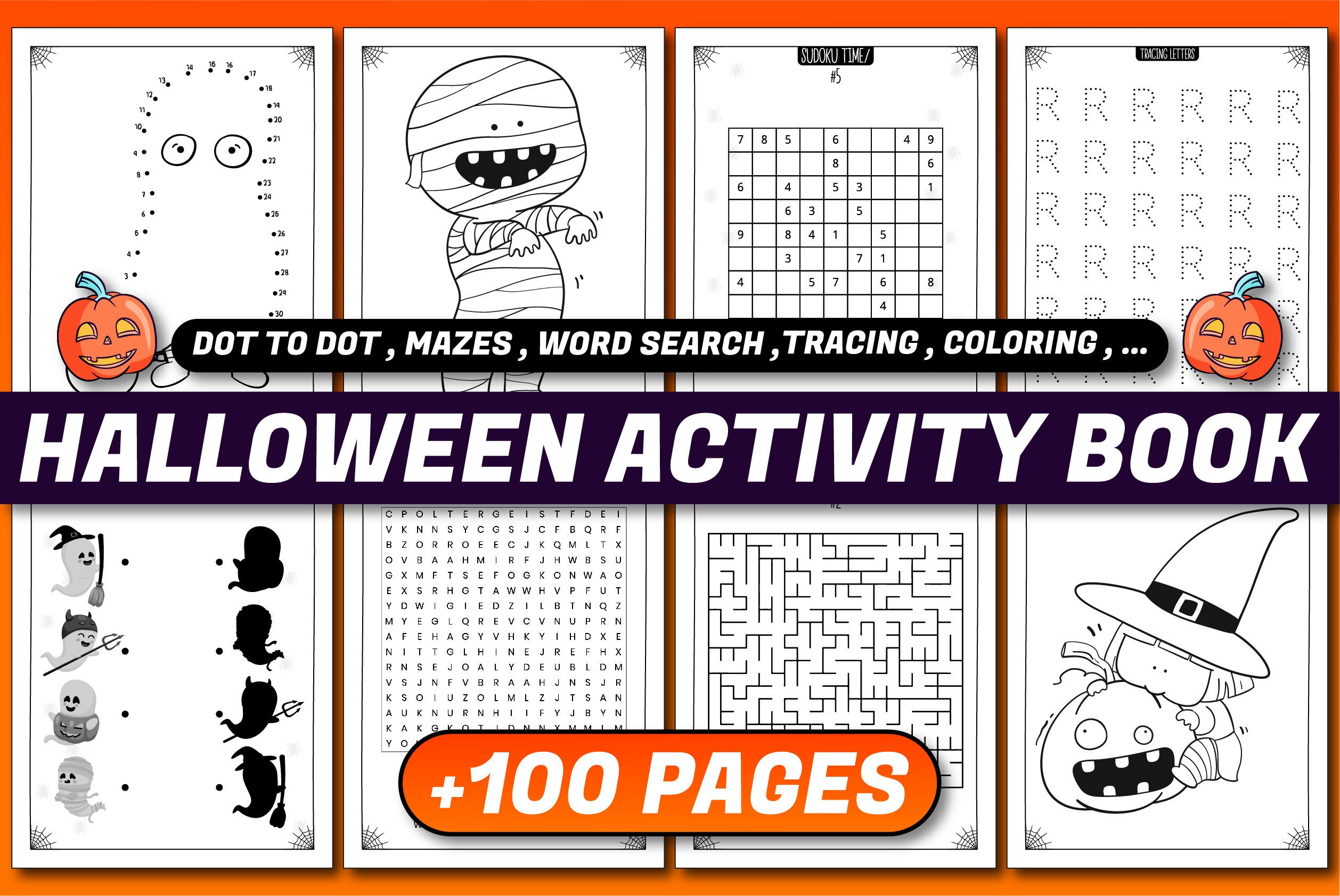 Halloween activity book cover with seasonal coloring page illustrations
