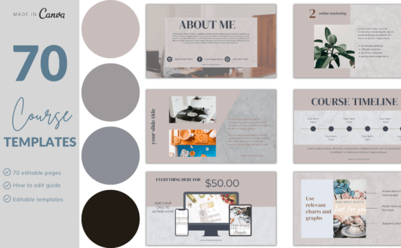 70-page marble effect editable Canva webinar presentation slides