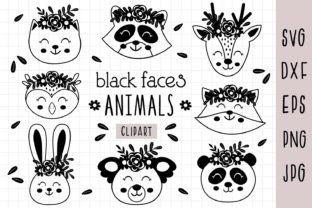 Black Cute Animal Faces with Flowers Svg Graphic by Nataka · Creative ...