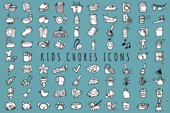 Kids Chores Icons Set Black & White