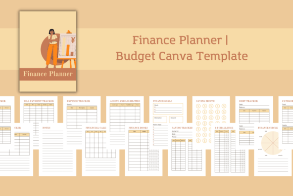Finance planner and budget Canva template with savings and debt trackers