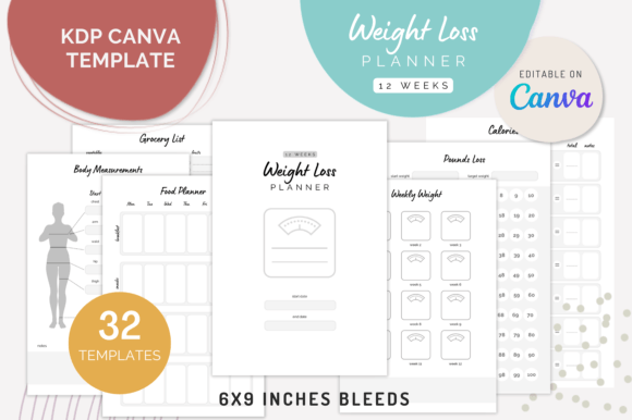 Canva Weight Loss Planner Templates with habit fitness meal and tracking pages