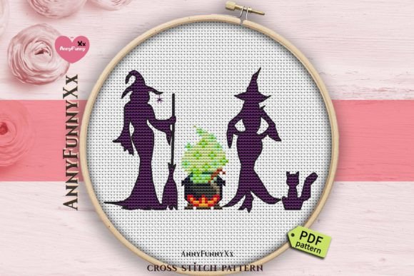 Witch with Cat Halloween Cross Stitch