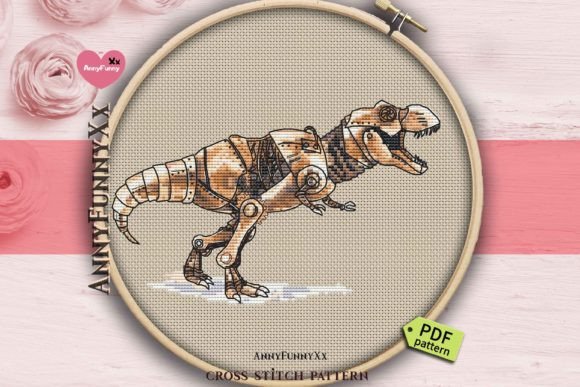 STEAMPUNK T-Rex Dinosaur Cross Stitch