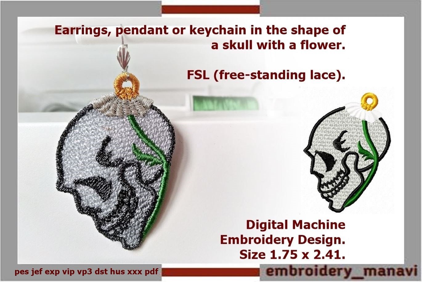 Earrings Pendant Keychain Skull Flowers