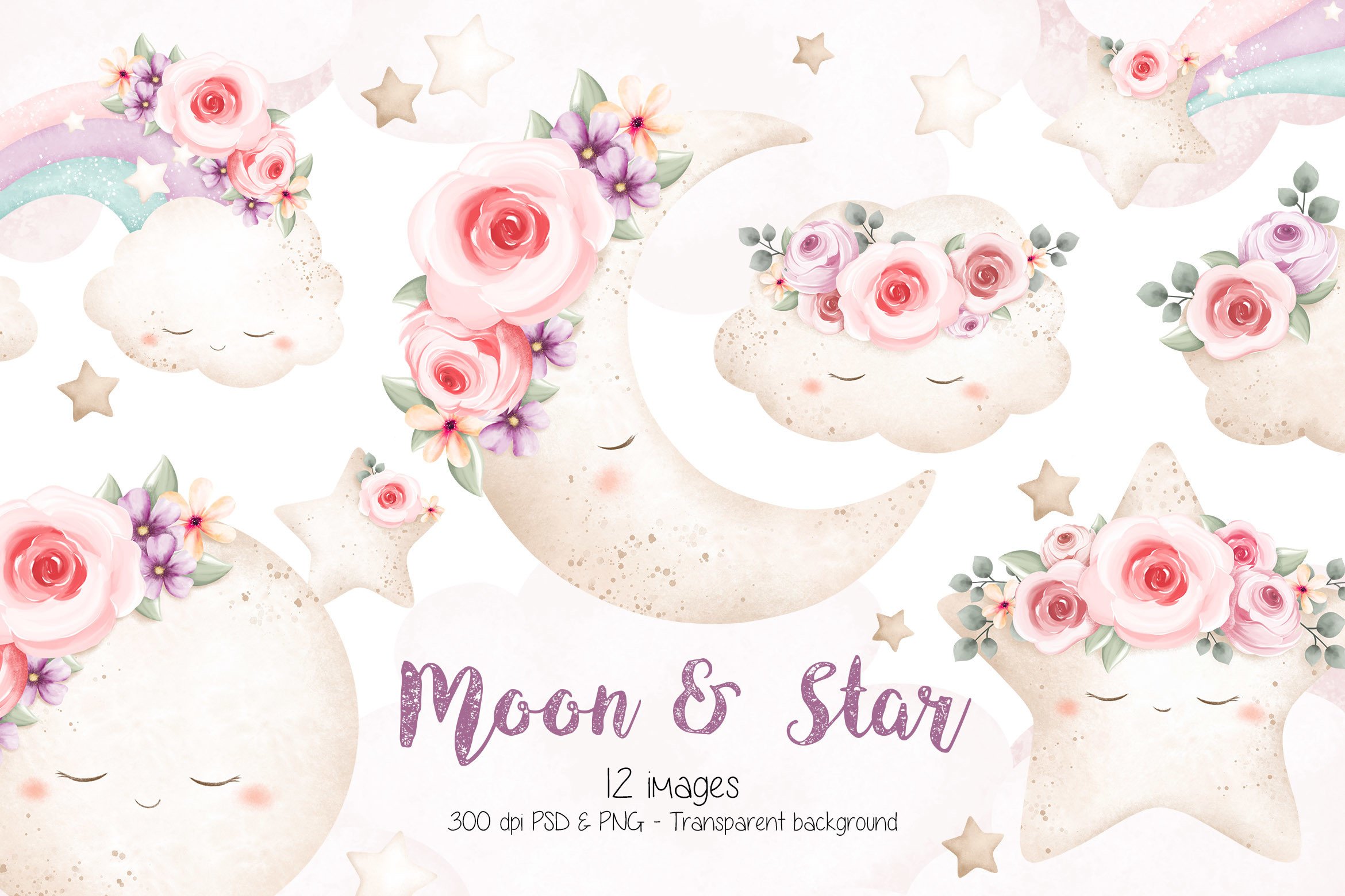 Vintage Moon Star and Cloud Clipart - photo 1