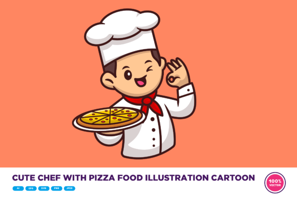 Cute Chef with Pizza Food Illustration